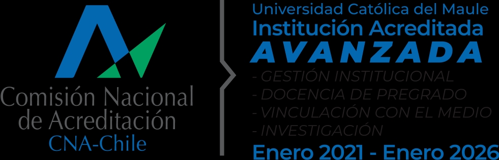 Logo de la Comisión Nacional de Acreditación de Chile y la Universidad Católica del Maule, destacando su acreditación avanzada.