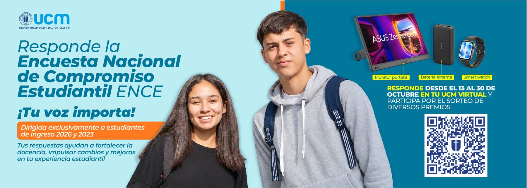 Un par de jóvenes sonrientes promueven la Encuesta Nacional de Compromiso Estudiantil ENCE.