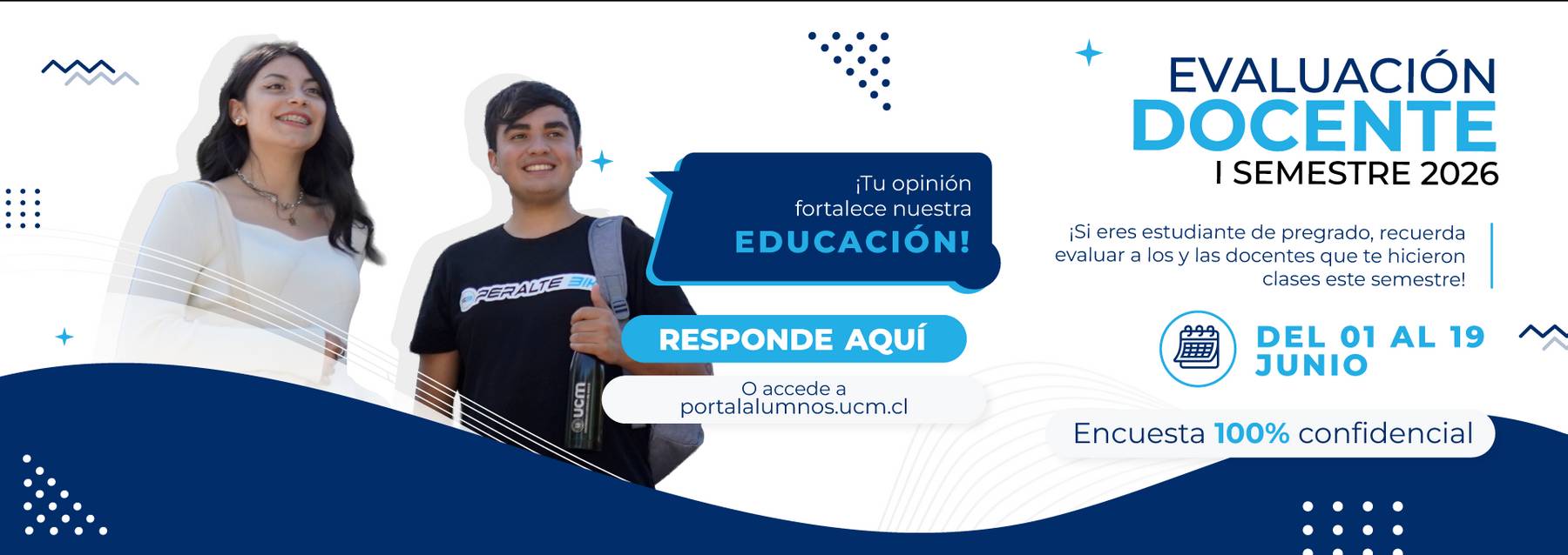 Esta imagen promociona la evaluación docente para el semestre 2026 en una universidad chilena.