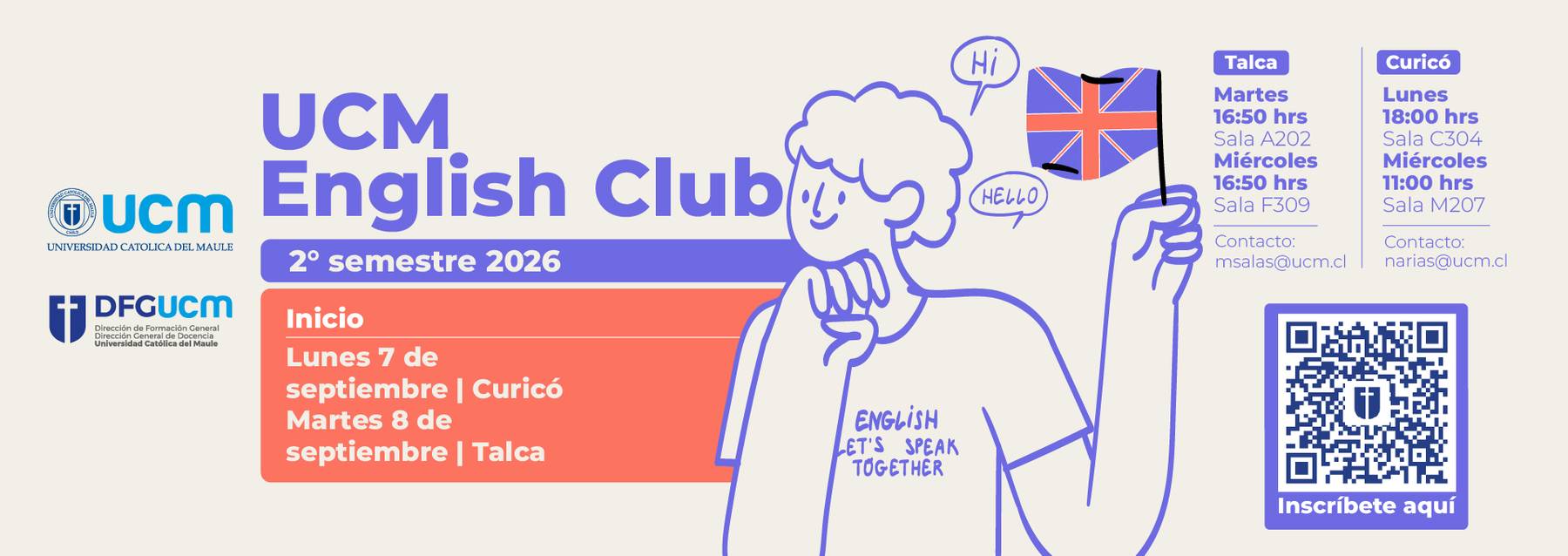 Este afiche promociona el English Club de la UCM para el segundo semestre de 2026.