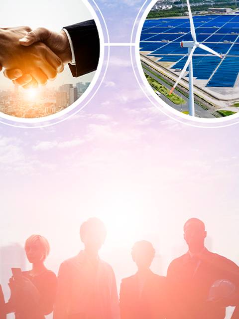 La imagen muestra siluetas de personas frente a un fondo urbano con varios iconos que representan temas como tecnología, energías renovables y negocios.