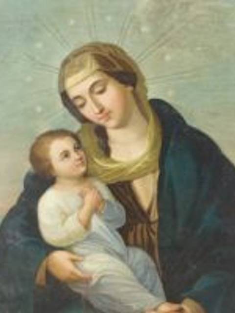 Una pintura que muestra a la Virgen Maria sosteniendo al Niño Jesús.