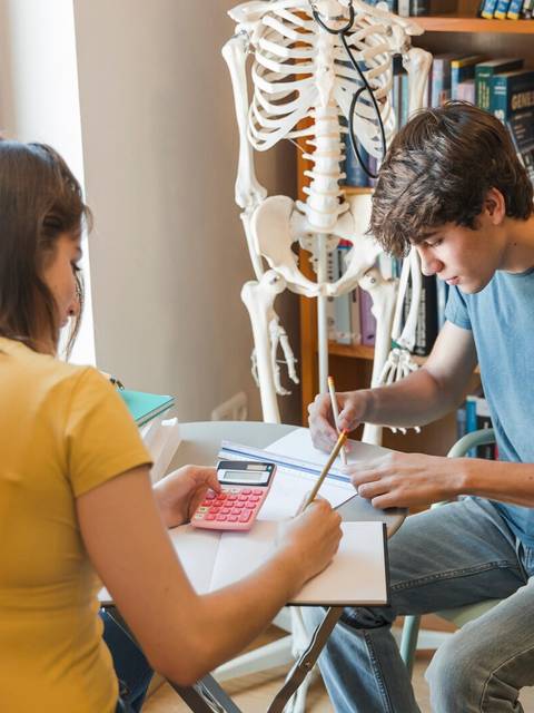 Dos estudiantes realizan ejercicios de matemáticas en una biblioteca.