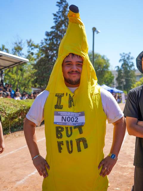 Un cabro vestido de plátano disfrutando de la competencia.