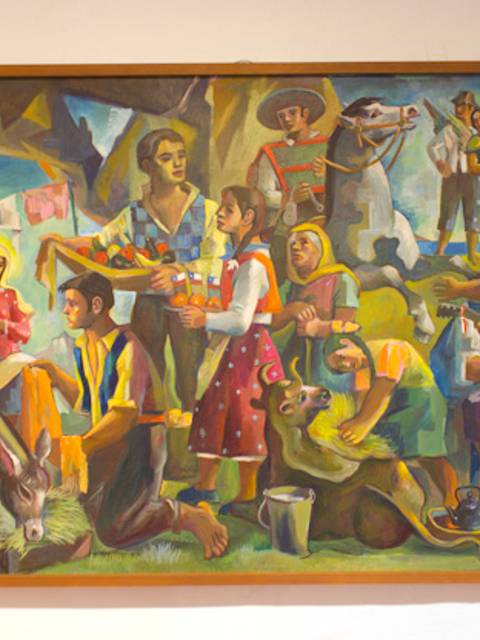 Una colorida pintura que representa una escena rural con varias personas y animales en un entorno festivo.