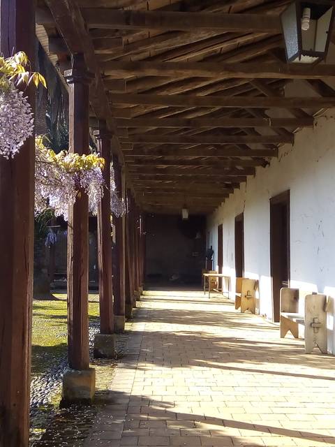 Un pasillo con flores colgantes y paredes blancas en un entorno tranquilo.