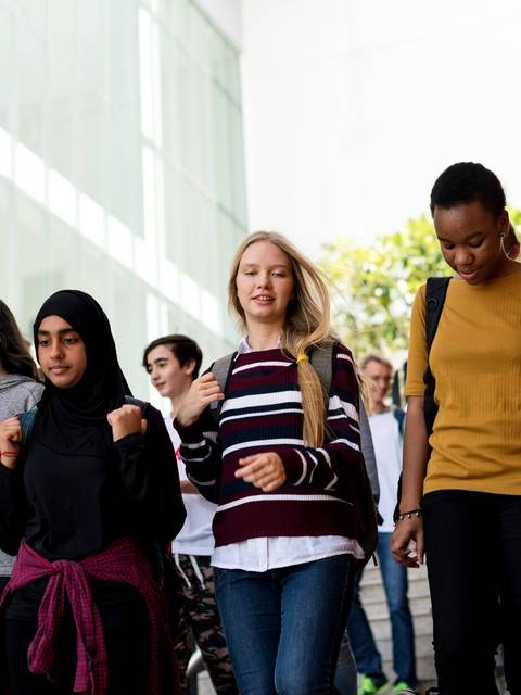 Un grupo de estudiantes camina juntos por las escaleras de un edificio universitario.