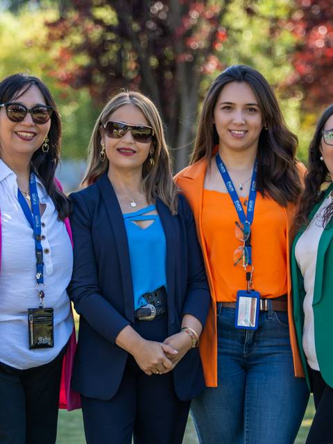 Cuatro mujeres posando con estilo y sonriendo en un parque.