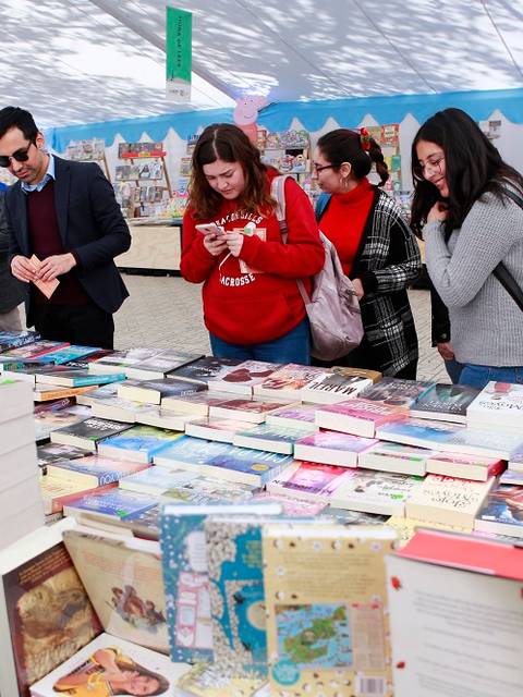 Un grupo de personas observa y revisa libros en una feria literaria al aire libre.