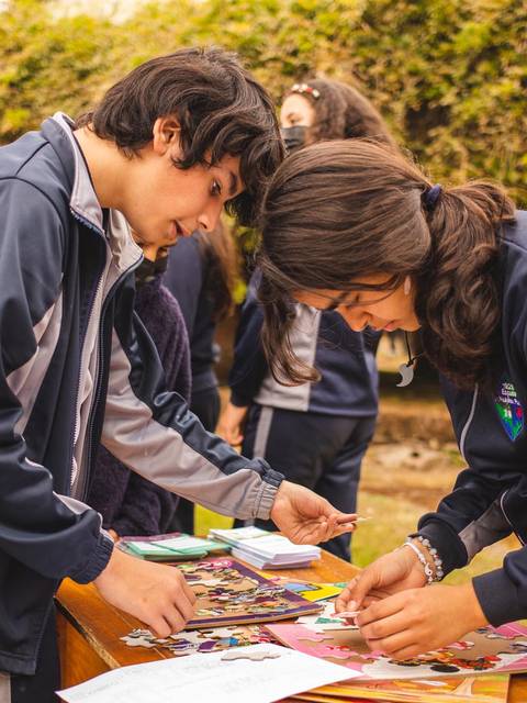 Un grupo de estudiantes se divierte trabajando en un proyecto en un ambiente al aire libre.