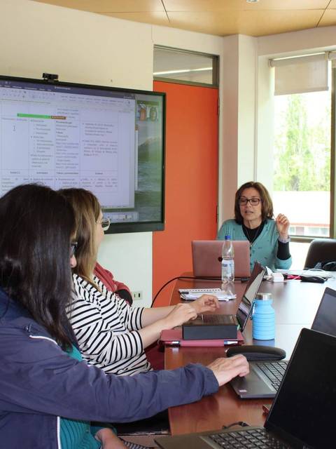 Una reunión en una sala con varias personas sentadas alrededor de una mesa, mientras una mujer presenta en una pantalla.