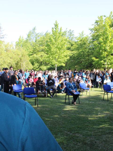 Un gran grupo de personas se reúne al aire libre bajo los árboles en un evento comunitario.