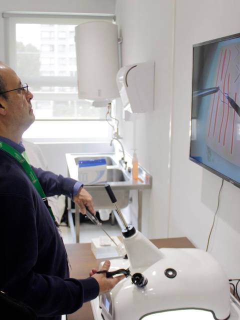 Dos personas observan una imagen en una pantalla relacionada con un microscopio.