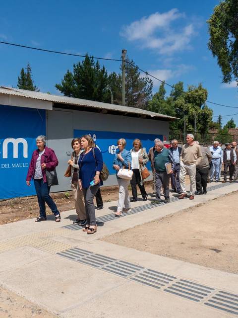 Un grupo de personas camina en fila frente a una pared con el logotipo de la Universidad Católica del Maule.