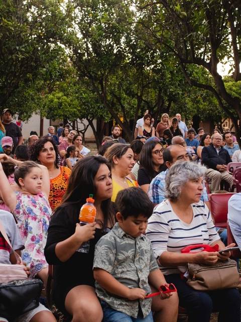 Un grupo de personas sentadas en un evento al aire libre, rodeadas de árboles.