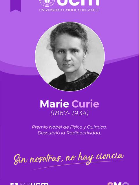 Retrato de Marie Curie, destacada científica y Premio Nobel, conocida por sus descubrimientos en física y química.