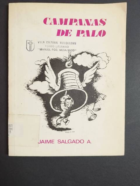 Un libro titulado 'Campanas de Palo' con una ilustración de una campana y un personaje debajo de ella.