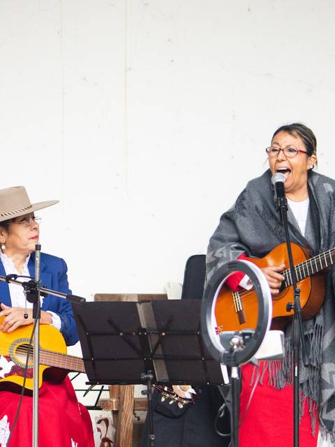 Un grupo de músicos chilenos interpreta música folclórica en un escenario.