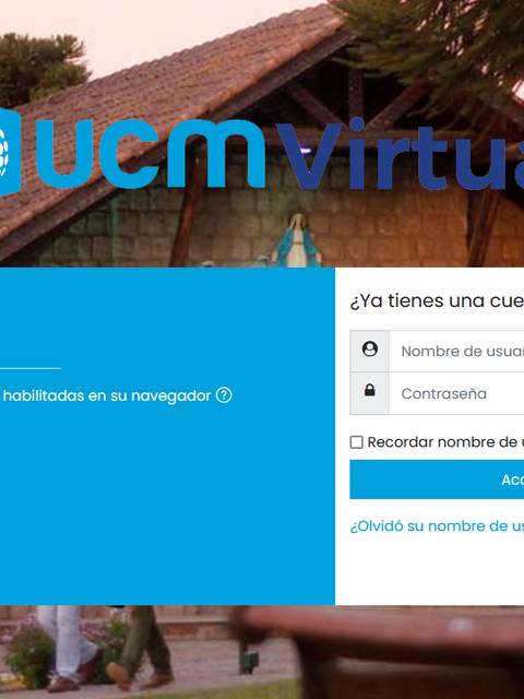 Pantalla de inicio de sesión de UCM Virtual con fondo arquitectónico y vegetación.