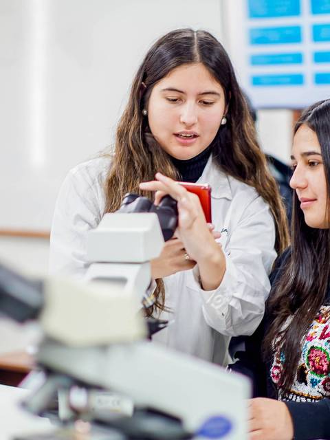 Dos estudiantes interactúan en un laboratorio, una de ellas muestra algo en un dispositivo móvil a la otra.