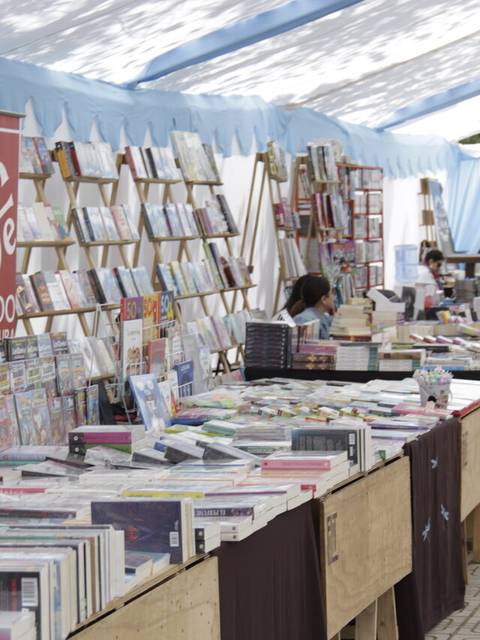Una feria de libros al aire libre con mesas llenas de libros y personas leyendo y comprando.