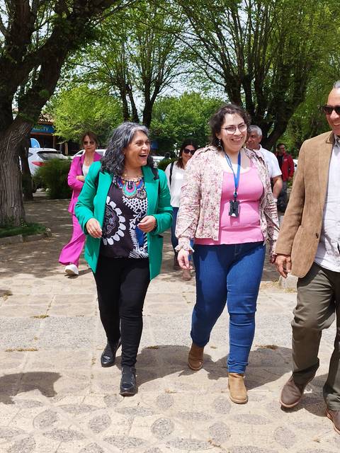 Un grupo de personas camina juntas por un parque rodeado de árboles.