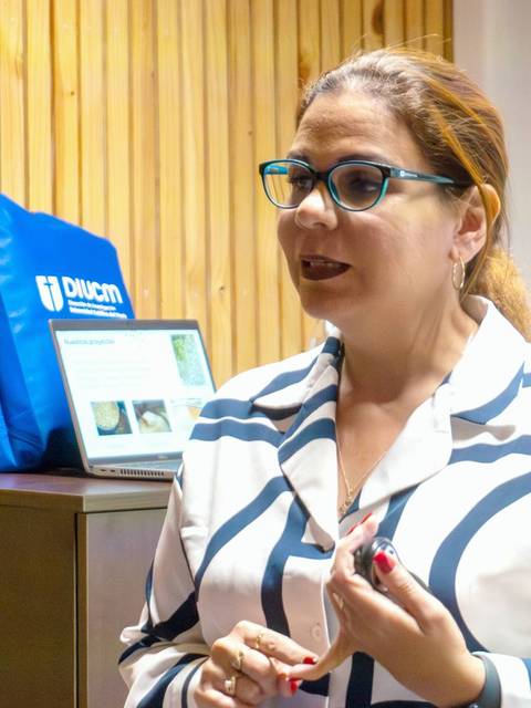 Una mujer está hablando frente a una audiencia en un ambiente de presentación.