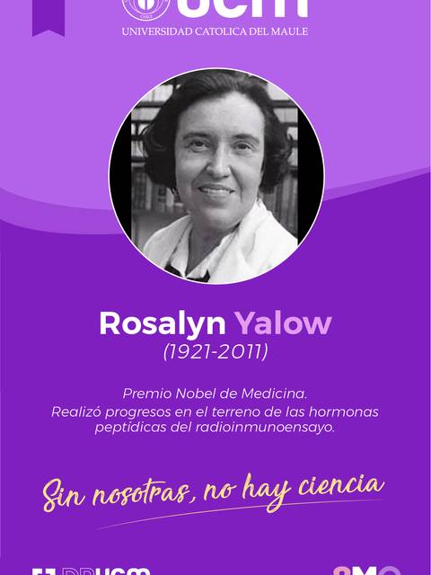 Imagen homenaje a Rosalyn Yalow, premio Nobel de Medicina, destacando su contribución científica.