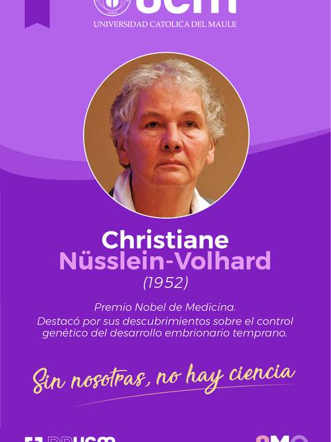 Retrato de Christiane Nüsslein-Volhard, Premio Nobel de Medicina, destacando su contribución al control genético del desarrollo embrionario temprano.