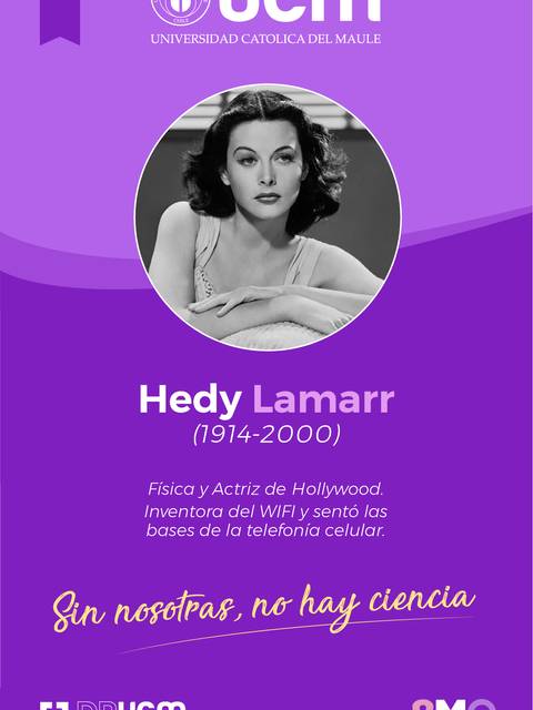 Imagen con información sobre Hedy Lamarr, física y actriz de Hollywood, destacando sus aportaciones a la tecnología.
