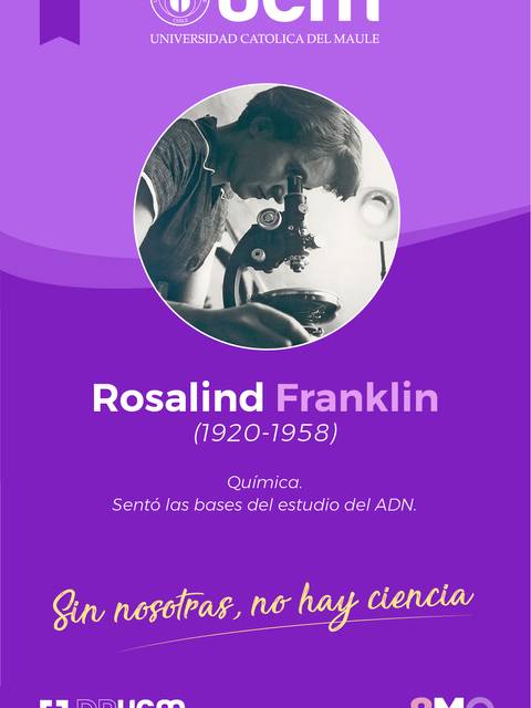 Imagen que rinde homenaje a Rosalind Franklin, destacando su contribución a la química y el estudio del ADN.