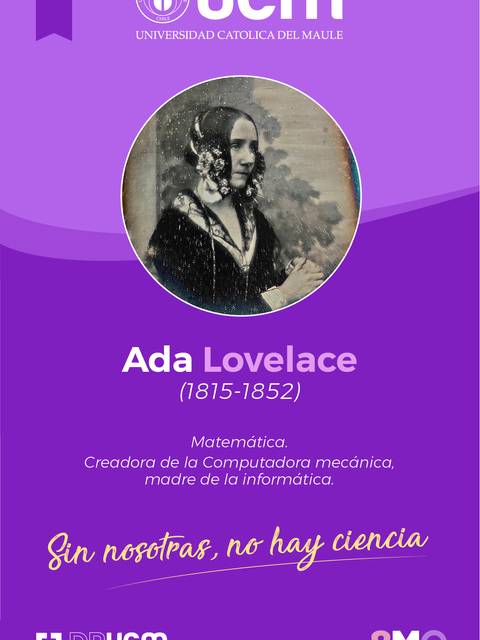 La imagen presenta una tarjeta dedicada a Ada Lovelace, destacando su contribución a la matemática y la informática.
