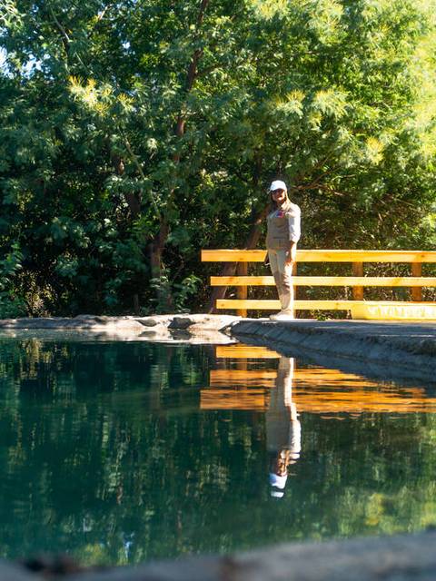 Dos personas observan un cuerpo de agua rodeado de vegetación en un entorno natural.