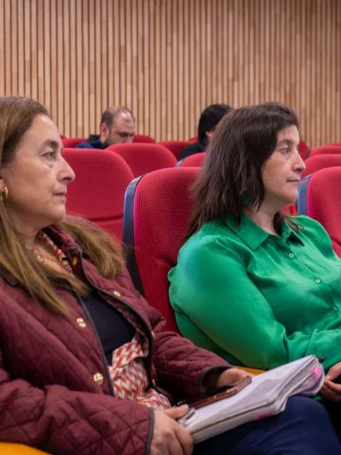 Una reunión en un auditorio con personas sentadas en sillones rojos prestando atención.