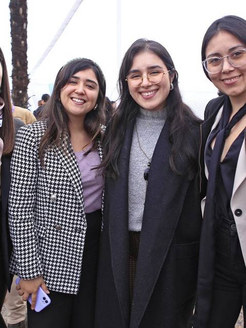 Cuatro mujeres sonrientes posan juntas al aire libre.