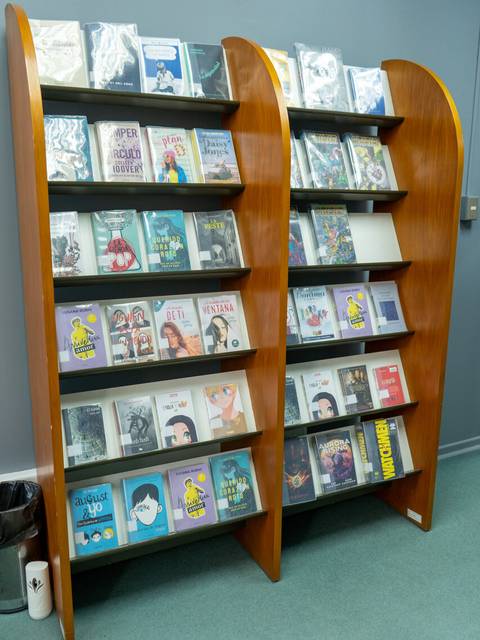 Estante de libros con diversas cubiertas en una biblioteca.