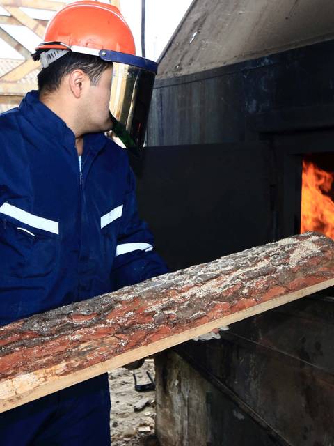 Un trabajador está colocando un tronco en un horno donde hay fuego.
