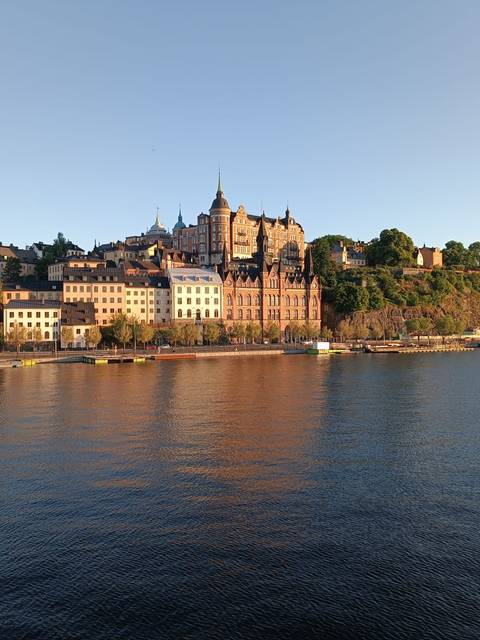 Vista panorámica de una ciudad junto al agua con edificios históricos y vegetación en la colina.