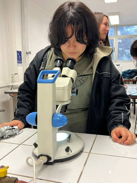 Una estudiante observa a través de un microscopio en un aula.