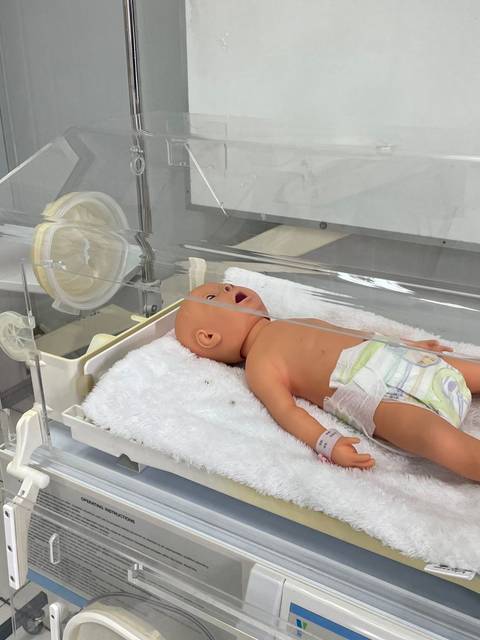 Un muñeco de bebé está acostado en una incubadora infantil.