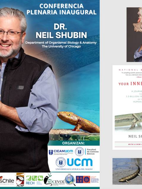 El Dr. Neil Shubin, biólogo organizacional y anatomista, sostiene un pez en el Congreso Chileno de Zoología.