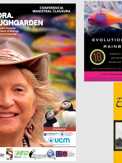 La imagen muestra un anuncio del Congreso Chileno de Zoología con la Dra. Joan Roughgarden como conferencista principal.