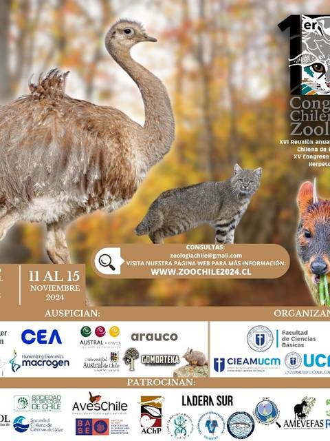 Cartel del 1er Congreso Chileno de Zoología, destacando diversas especies animales en un entorno natural.
