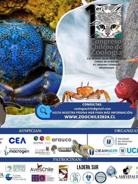 Un cartel del 1er Congreso Chileno de Zoología con imágenes de diversas especies animales y detalles del evento.