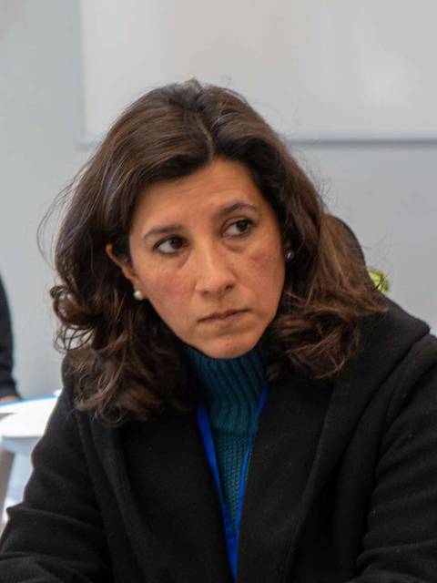 Un grupo de personas está reunido en un ambiente de aprendizaje, con una mujer al frente mostrando atención y seriedad.