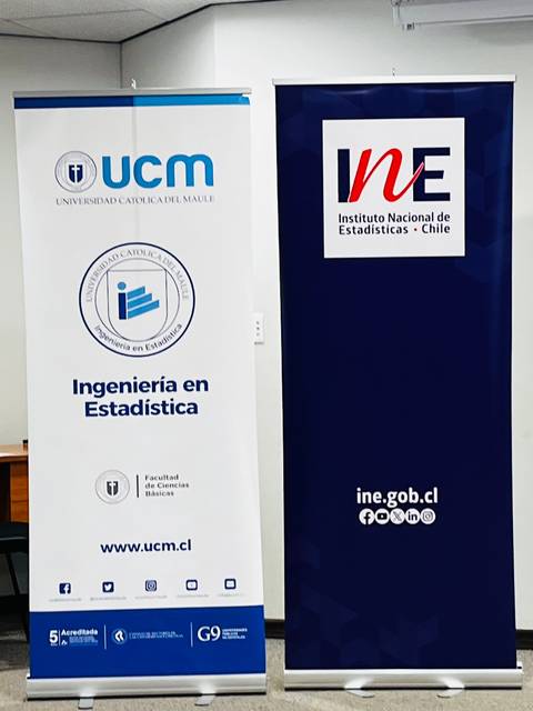 Dos banners publicitarios de instituciones educativas en Chile, uno de la Universidad Católica del Maule y otro del Instituto Nacional de Estadísticas.