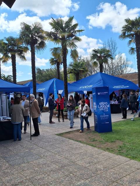 Una feria al aire libre con diversas carpas y personas caminando entre ellas bajo un cielo azul con nubes.