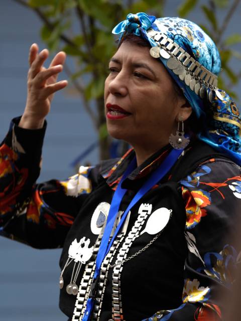 Una mujer con ropa colorida y accesorios tradicionales habla con gestos expresivos.