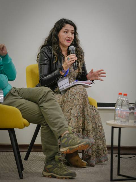 Una mujer con cabello rizado sostiene un micrófono mientras habla en un panel de discusión.