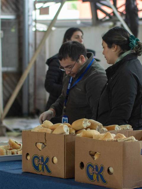 Un grupo de personas están organizando comida en una mesa en un evento al aire libre.